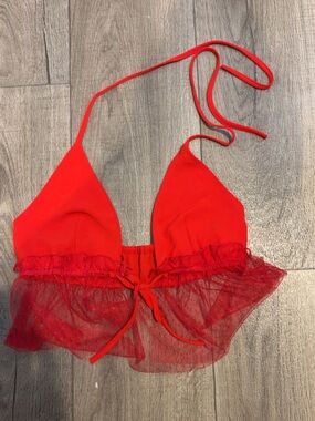 Y2K: No Brand: Red Lace Trim Halter Bralette: Size Small